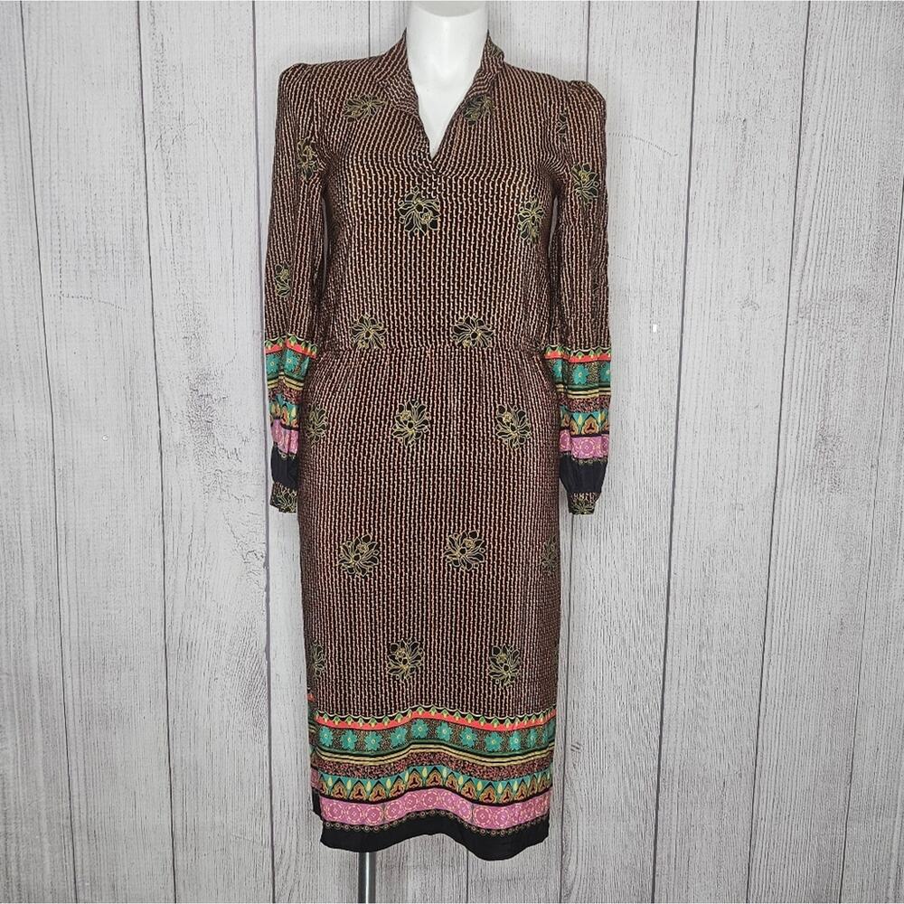 Vintage 80s Raul Blanco Silk Boho Long Sleeve Midi Dress, lot size 10